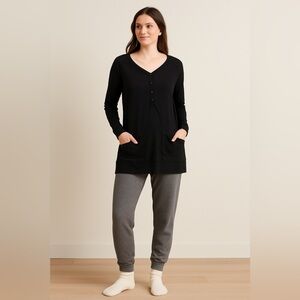 Acorn Organic Cotton Black Henley Tunic Shirt Sz L Runs Small EUC